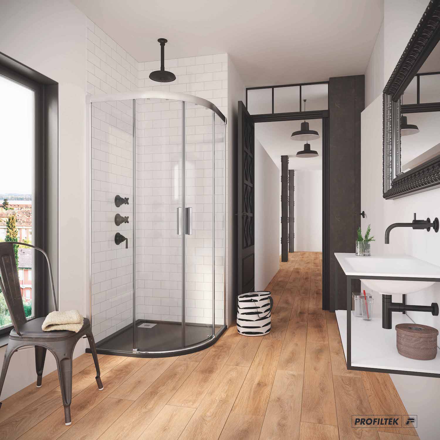 Baño moderno con ducha semicircular, mampara de cristal y lavabo suspendido